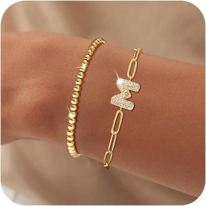 14K Gold Layered Bracelets for Women - Trendy Cubic Zirconia A-Z Beaded Initial Bubble Letter Bracelet Adjustable Paperclip Chain Bracelets for Women Jewelry Gifts Dainty