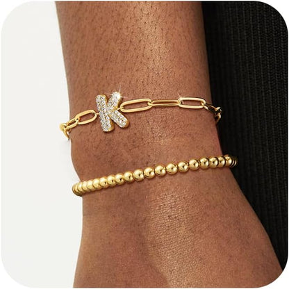 14K Gold Layered Bracelets for Women - Trendy Cubic Zirconia A-Z Beaded Initial Bubble Letter Bracelet Adjustable Paperclip Chain Bracelets for Women Jewelry Gifts Dainty