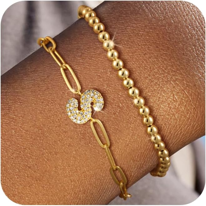 14K Gold Layered Bracelets for Women - Trendy Cubic Zirconia A-Z Beaded Initial Bubble Letter Bracelet Adjustable Paperclip Chain Bracelets for Women Jewelry Gifts Dainty