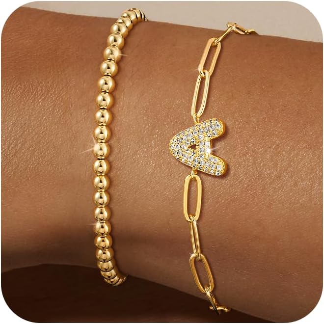 14K Gold Layered Bracelets for Women - Trendy Cubic Zirconia A-Z Beaded Initial Bubble Letter Bracelet Adjustable Paperclip Chain Bracelets for Women Jewelry Gifts Dainty